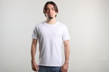 Fototapeta premium Young man wearing stylish white t-shirt near light grey background. Mockup for design