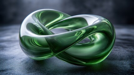 Emerald green, abstract, knotted, glass orb on dark surface