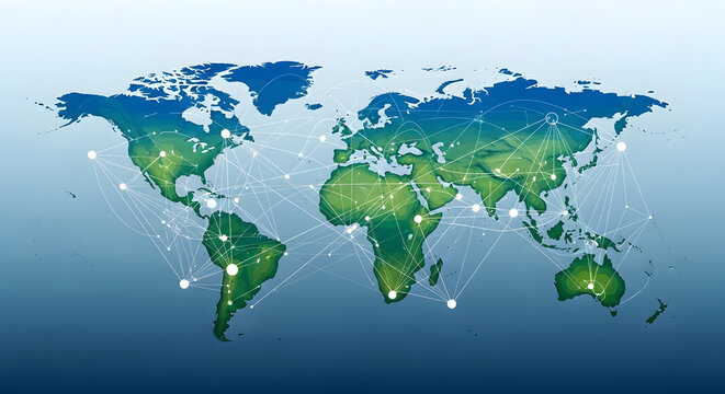 Global connection and network of communication spread across the continents with interconnected dots and lines, representing digital data flow