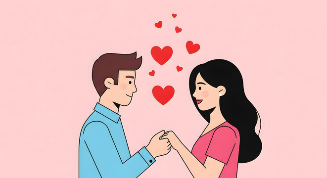 Young couple in love holding hands, surrounded by floating red hearts, symbolizing romance and affection - Powered by Adobe