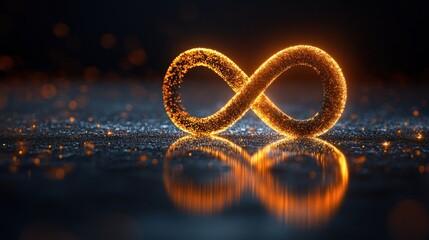 Fiery infinity symbol, reflected on dark surface
