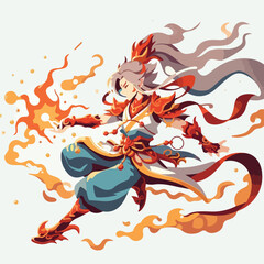 Fiery Warrior in Dynamic Pose with Elemental Magic