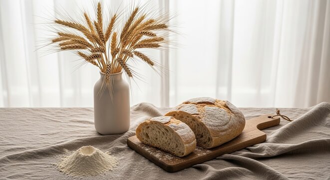 Rustic Loaf of Bread With Wheat Stalks and Flour