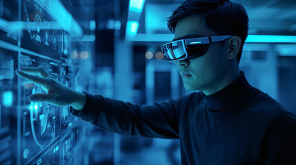 Man using augmented reality glasses interacting with a futuristic interface.