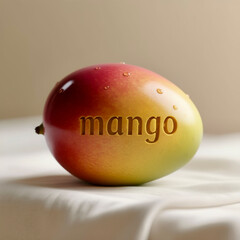 A mango lying on a light-colored fabric. The background is soft and neutral—light beige. The word "mango" is carved into the surface of the mango. The image is suitable for advertising, packaging, and