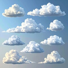 Collection of fluffy cumulus clouds against a pale blue sky