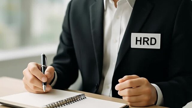 HRD Professional in Suit Jacket Writing Notes in a Notebook at an Office Desk, Representing Human Resources Development Tasks