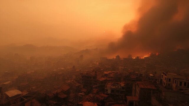Smoke fills sky as fire nears city edge. Flame advances quickly, causing destruction. Emergency declared, evacuation begins. Darkness grows over city. Disaster fire leave apocalypse visible in smoke.