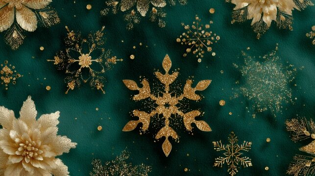 Golden glitter snowflakes and decorative flowers on emerald background