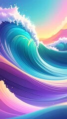 Vibrant, swirling waves of pastel colors, cresting against a sunset sky.  A dynamic, colorful depiction of ocean waves