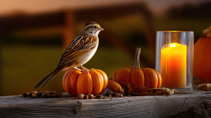 Small sparrow perched on miniature pumpkin beside autumn corn and glowing candle creating warm cozy fall atmosphere