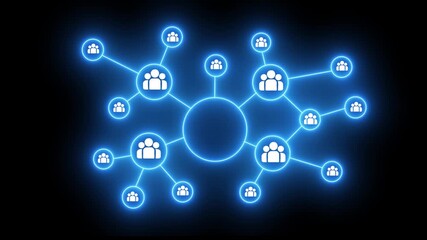 Glowing blue network of people icons connected by lines on black background representing global community connections digital social media collaboration and communication concepts - Powered by Adobe