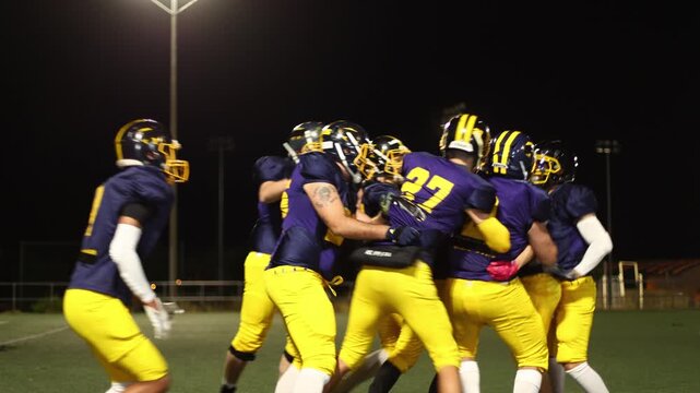 American football players celebrating touchdown during night game