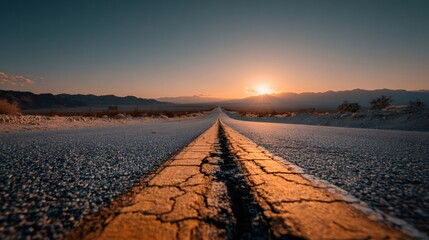 Desert road stretching into vanishing point at sunset