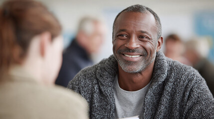 Obraz premium Warm smile from a mature African American man in a meeting, radiating positivity and connection. Ideal for illustrating concepts of mentorship, support, and community.