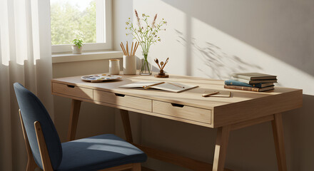 Fototapeta premium Cozy Wooden Desk with Stationery and Books Bathed in Sunlight in a Minimalist Workspace
