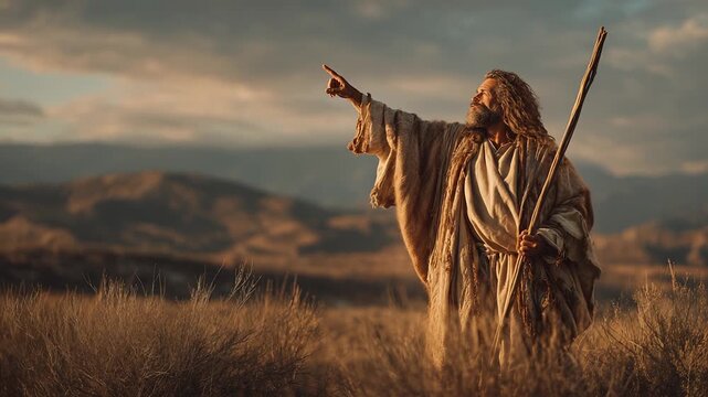 Prophet stands in robe holding staff under sky. John Baptist points across wilderness. Desert below clouds above. Mountains in background. Staff raised in hand. Prophet walks through desert wilderness
