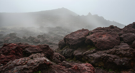 Misty Volcanic Landscape with Rugged Lava Formations and Sparse Greenery
