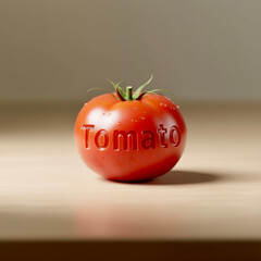 A tomato lies on a table. The background is soft and neutral—light beige. The tomato bears the inscription "Tomato." The image is suitable for advertising, packaging, and branding.