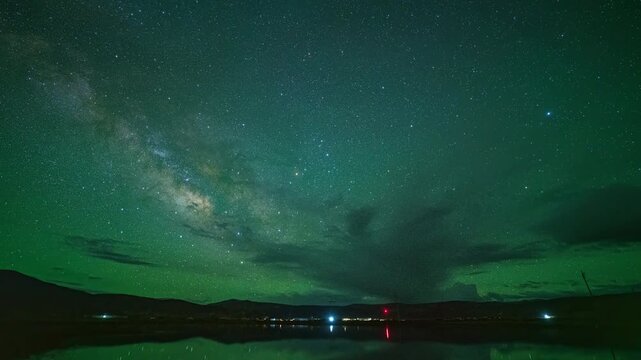 The Milky Way galaxy shines spectacularly over tranquil Lake in Ladakh, India. a stunning backdrop for stargazing. The high altitude and clear night skies offer exceptional viewing conditions.