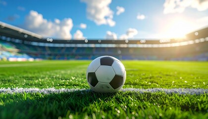 Fototapeta premium Soccer Ball on Green Grass Field in Stadium under Blue Sky