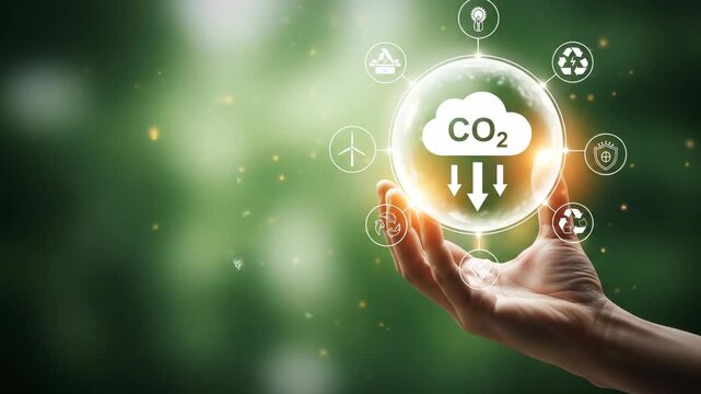 Carbon Dioxide Reduction: Hand Holding Glowing Sphere with CO2 Cloud and Arrows, Sustainable Energy, Recycling, and Environmental Protection Concepts