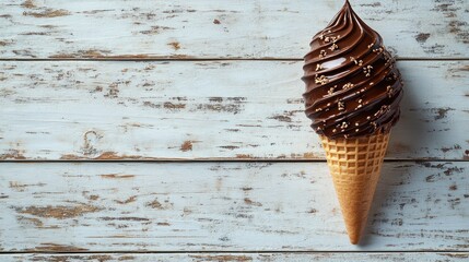 Chocolate ice cream cone on white wood