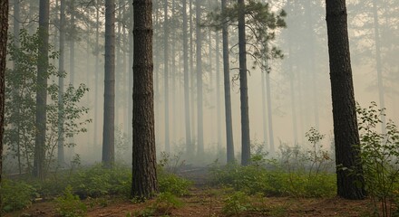 Obraz premium Forest trees fog misty atmosphere nature environment