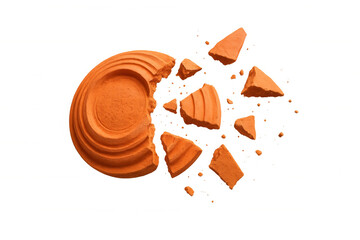 Clay pigeon target breaking into fragments during skeet shooting competition, transparent background