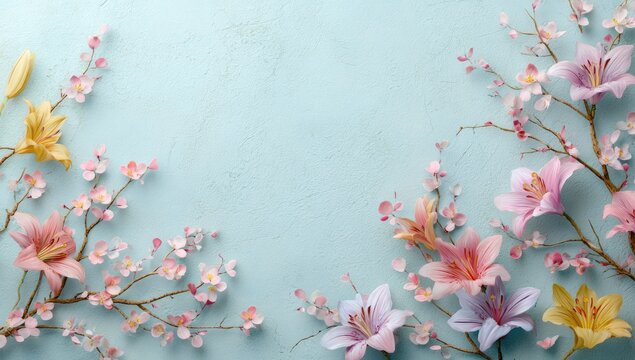 Pastel pink, yellow, and purple lilies and cherry blossoms arranged symmetrically on a light blue textured background, leaving a central blank space