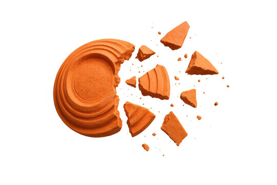 Clay pigeon target breaking into fragments during skeet shooting competition, transparent background