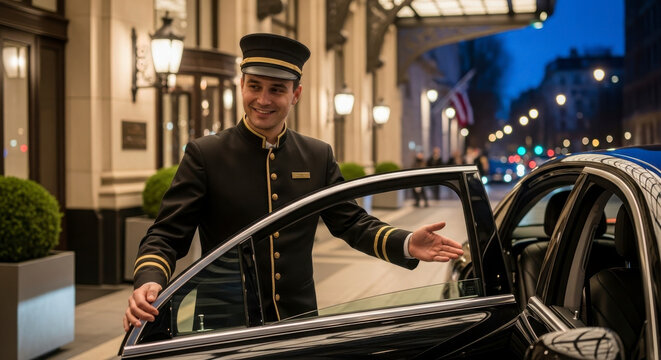Concierge Opens Door for Guest Arriving at Luxury Hotel Entrance