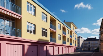 Obraz premium Apartment building with balconies, garages, and blue sky. Buildings on a street are visible