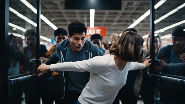 Woman running through a store during a sale event with other shoppers