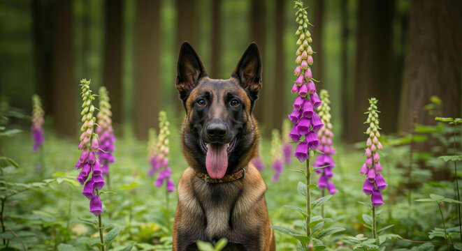 Belgian Malinois Dog Among Purple Foxgloves in Forest