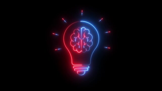 glowing neon digital bulb creativity innovation through of brain icon inside light form. Neon brain bulb icon representing idea innovation and creative thought on black background.
