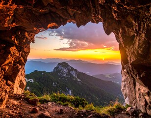 Cave's panoramic view of mountain sunset