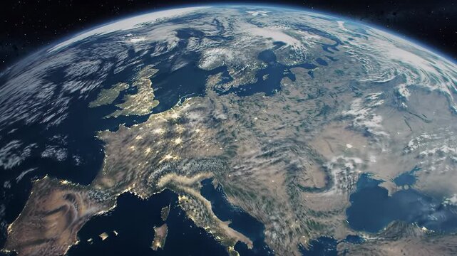 Hyperrealistic orbital video slowly drifting, subtly panning across Earth's majestic, curved night horizon with twinkling city lights, day-night terminator visible, cosmic wonder concept