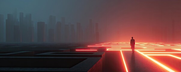Person walking alone through winding maze path concept. A lone figure in a futuristic cityscape with glowing lines.