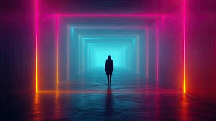 Person walking alone through winding maze path concept. A silhouette stands in a vibrant neon-lit corridor, evoking mystery.