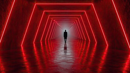 Person walking alone through winding maze path concept. A solitary figure stands in a red-lit geometric tunnel.