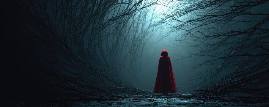 Person walking alone through winding maze path concept. A figure in a red cloak stands in a mysterious, dark forest.