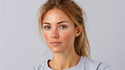 Woman with red irritated facial skin concept. A young woman with natural beauty posing against a gray background.