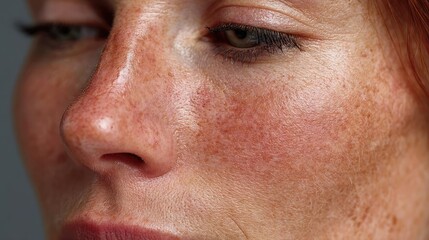 Woman with red irritated facial skin concept. Close-up portrait of a woman highlighting natural freckles.