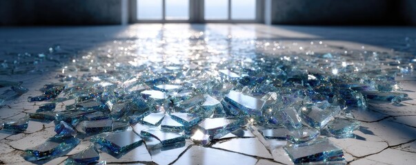 Broken glass on white background texture concept. Scattered glass shards on a floor, reflecting light and texture.