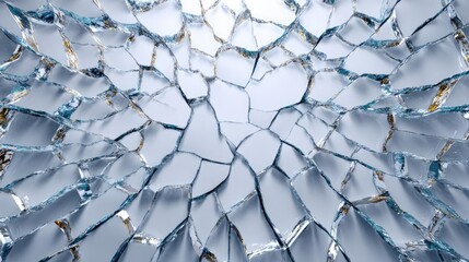 Broken glass on white background texture concept. Close-up of shattered glass with intricate patterns and reflections.