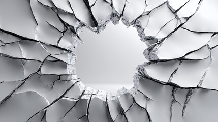 Broken glass on white background texture concept. A shattered wall with a circular hole, revealing a blank space.