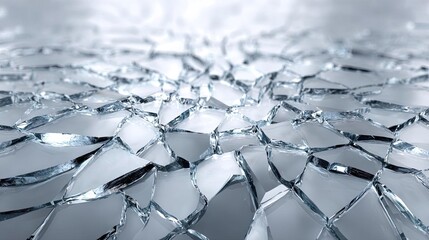 Broken glass on white background texture concept. Close-up view of shattered glass creating sharp reflections.