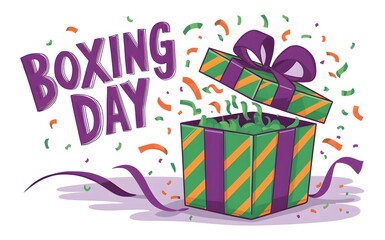 Boxing day gift box bursting with colorful confetti and ribbon, festive holiday sale illustration ideal for seasonal retail banners, shopping promotions, discount marketing and social media