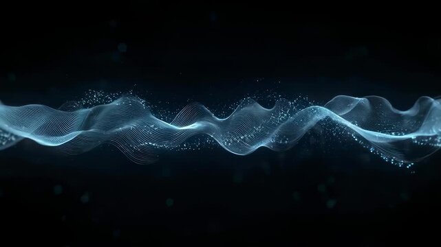 Abstract blue-hued undulating waves with light particles, set against a dark and blurred background